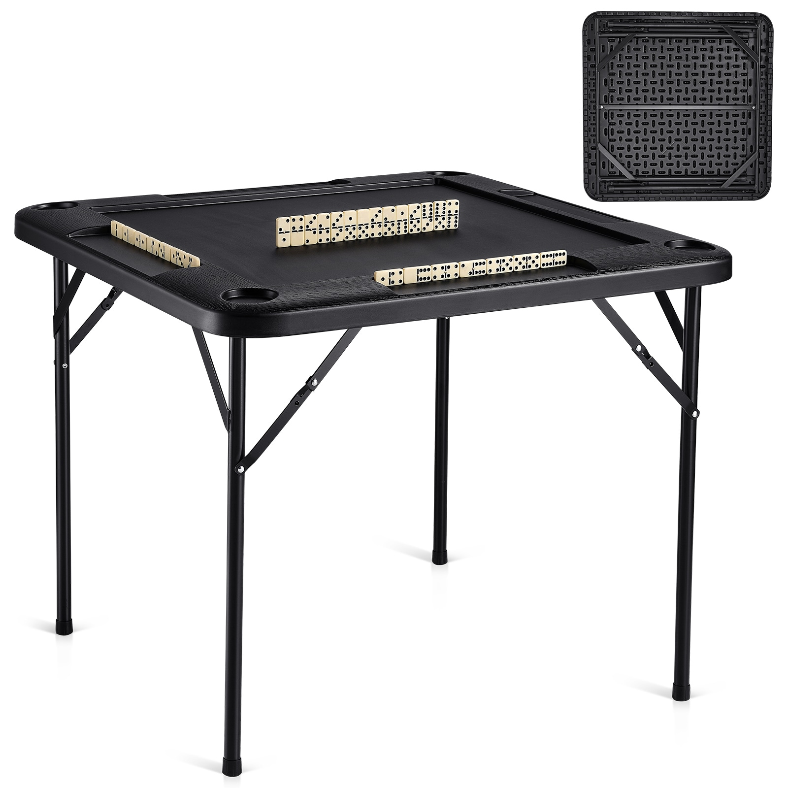 Mahjong Table 4 Player Folding Card Table & 4 Cup Holders Chip Trays Black_voghion.com